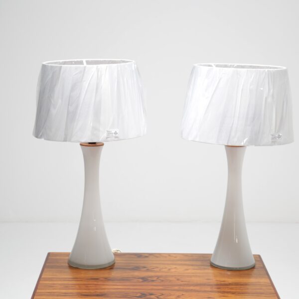 pair of white glass bergbombs table lamps by berndt nordstedt.