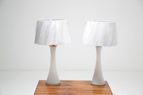 pair of white glass bergbombs table lamps by berndt nordstedt.