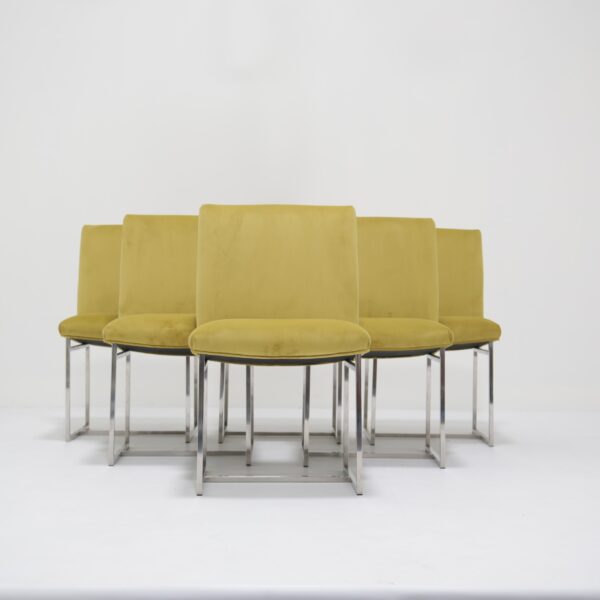 Mid-Century Set of 6 Chrome and Upholstered Dining Chairs by Milo Baughman, 1970s.