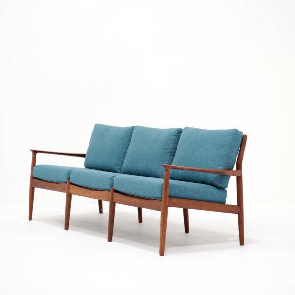 Vintage Danish Three Seat Teak and Teal Tweed Sofa by Svend Aage Eriksen, 1960s.