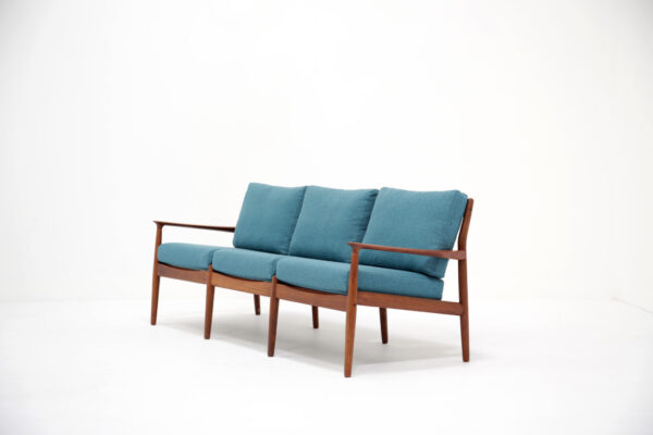Vintage Danish Three Seat Teak and Teal Tweed Sofa by Svend Aage Eriksen, 1960s.
