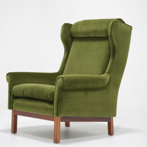Vintage Danish Green Cotton Velvet Wingback Armchair 1