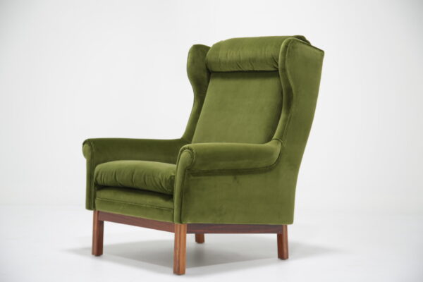 Vintage Danish Green Cotton Velvet Wingback Armchair, 1960s.