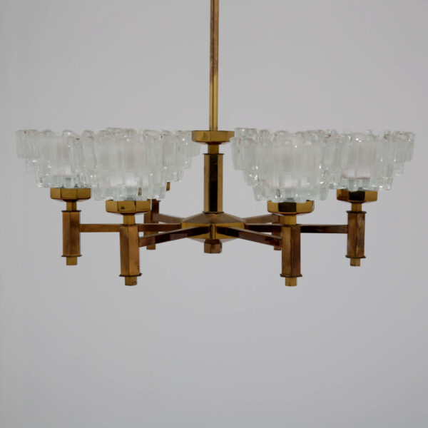 Vintage Brass and Cut Glass 6-Arm Chandelier by Hans-Agne Jakobsson, Sweden, 1960s.