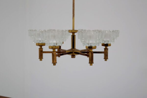 Vintage Brass and Cut Glass 6-Arm Chandelier by Hans-Agne Jakobsson, Sweden, 1960s.
