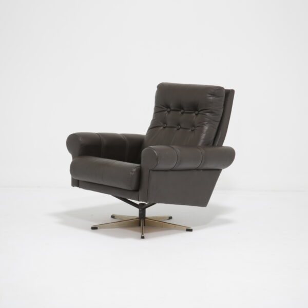 Vintage Danish Brown Leather Swivel Armchair, 1970s.
