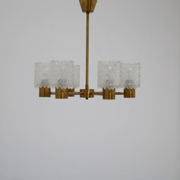 Vintage Swedish Brass and Cut Glass 6-Arm Chandelier, 1960s.