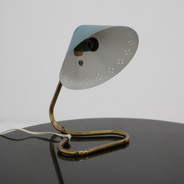 Vintage Swedish Brass With Blue Metal Shade Table Lamp, 1950s.