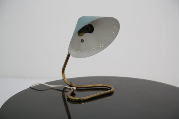 Vintage Swedish Brass With Blue Metal Shade Table Lamp, 1950s.