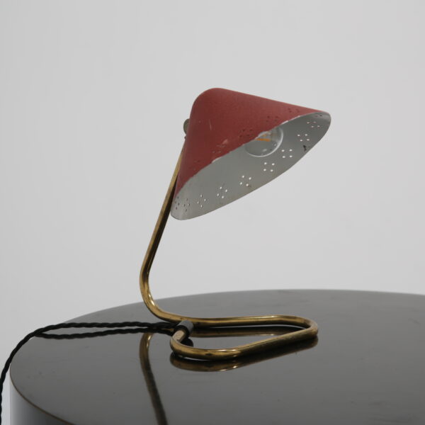 Vintage Swedish Brass With Red Metal Shade Table Lamp, 1950s.