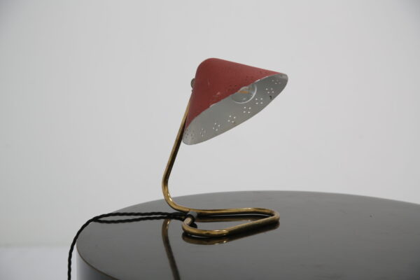 Vintage Swedish Brass With Red Metal Shade Table Lamp, 1950s.