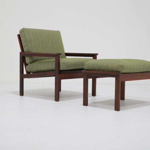 Vintage Danish Rosewood Armchair and Footstool "Capella" by Illum Wikkelso, 1950s.