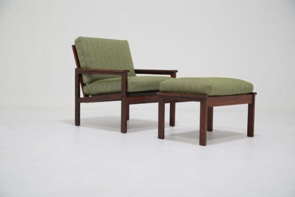 Vintage Danish Rosewood Armchair and Footstool "Capella" by Illum Wikkelso, 1950s.