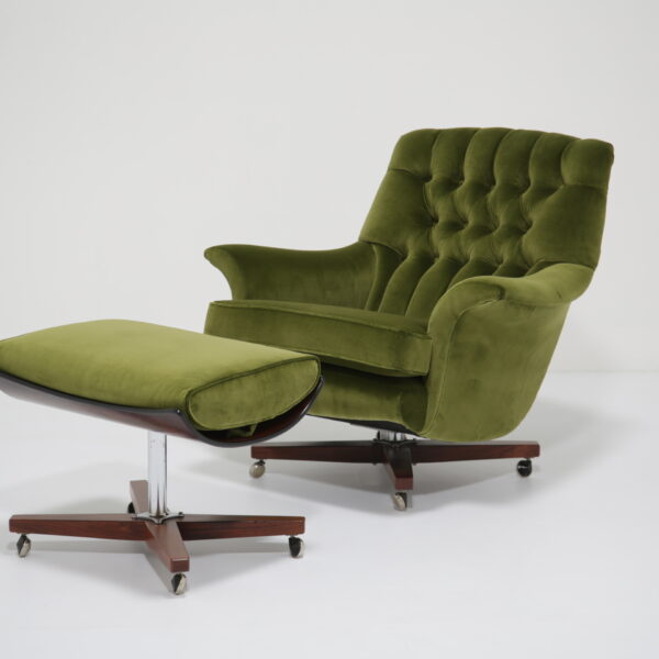 Vintage Green Velvet Swivel Lounge Chair and Ottoman "Model 6250" by G Plan, 1960s.