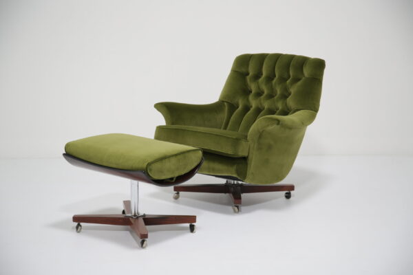 Vintage Green Velvet Swivel Lounge Chair and Ottoman "Model 6250" by G Plan, 1960s.