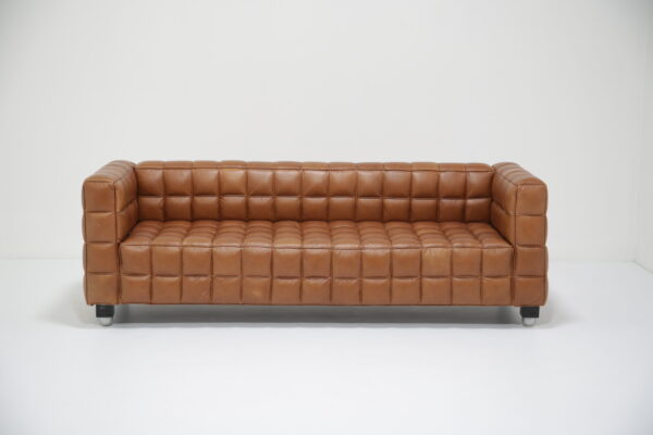 Modern Brown Leather Three Seat Sofa in the Style of Josef Hoffmann