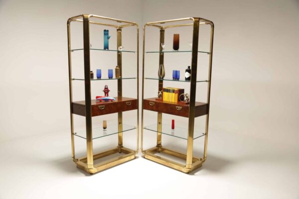 Mid Century Burlwood & Brass Etageres by John Widdicomb 1