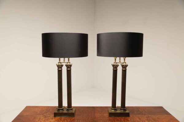 Victorian Brass Double Column Library Table Lamps