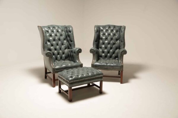 Victorian Style Silver Grey Buttoned Leather Wingback Armchairs with Ottomans