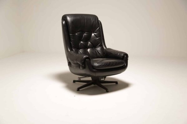 Vintage Black Leather Reclining Swivel Arm Chair