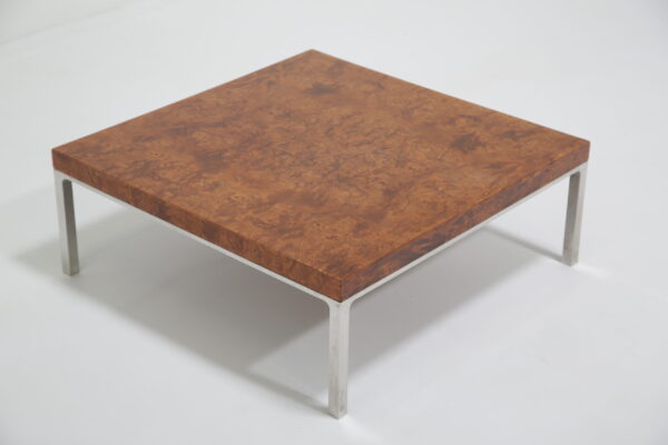 Vintage Olive Burl Wood and Chrome Low Coffee Table, France, 1970s.