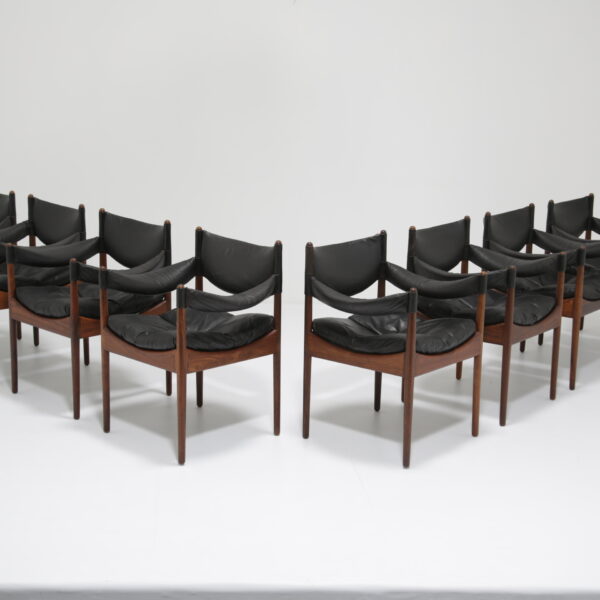Vintage Set of 8 Rosewood and Black Leather Dining Chairs by Kristian Solmer Vedel, 1960s.