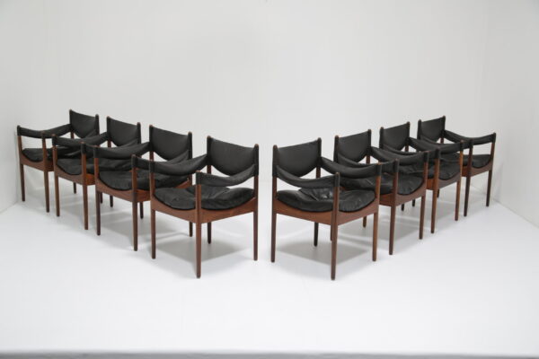Vintage Set of 8 Rosewood and Black Leather Dining Chairs by Kristian Solmer Vedel, 1960s.