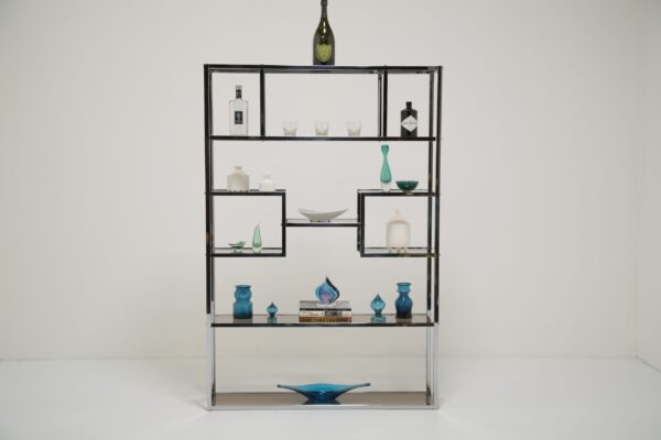 Vintage Italian Chrome and Bronzed Glass Etagere / Room Divider by Willy Rizzo, 1970s.