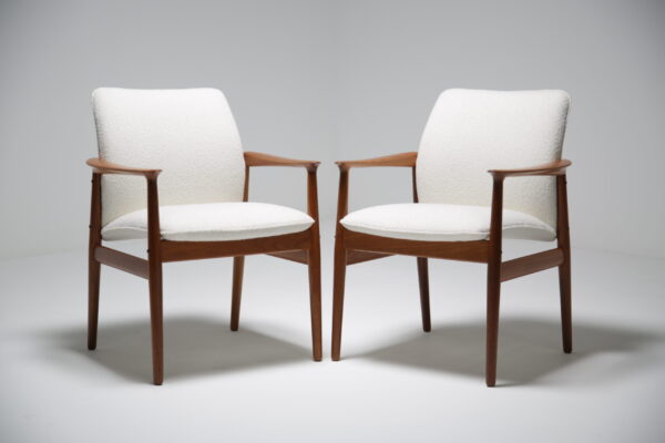Vintage Pair of Danish Teak and White Bouclé Armchairs by Grete Jalk, 1960s.