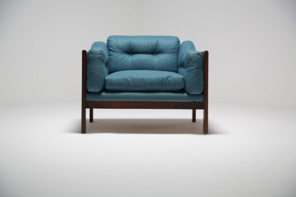 Vintage Rosewood and Blue Tweed Armchair "Monte Carlo" by Ingvar Stockum for Futura, Sweden, 1965.