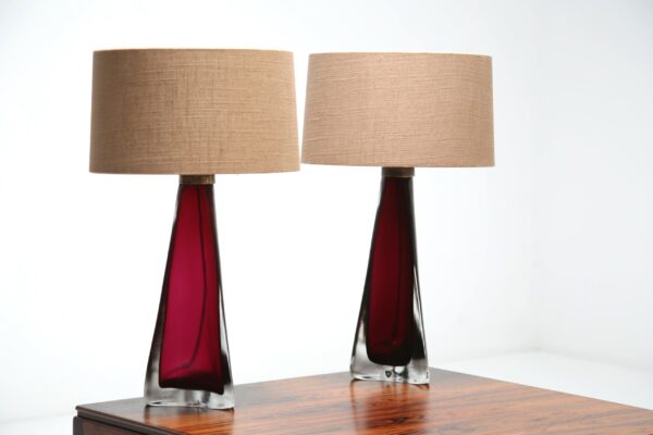 Vintage Pair of hand-blown red glass table lamps by Carl Fagerlund for Orrefors, Sweden, 1960s