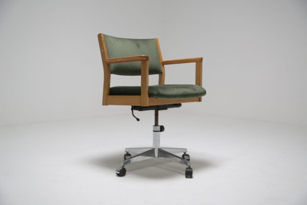 Vintage Green Velvet and Oak Office Chair