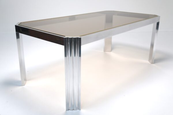 Hollywood Regency Fluted Chrome & Smoked Glass Dining Table, USA, 1970s