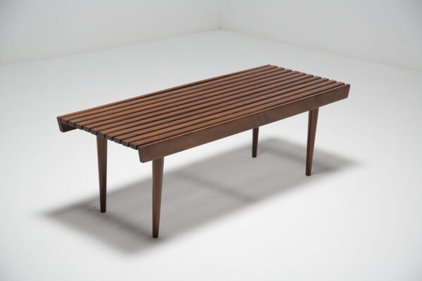 Vintage Slatted Walnut Bench, Yugoslavia, 1950s.