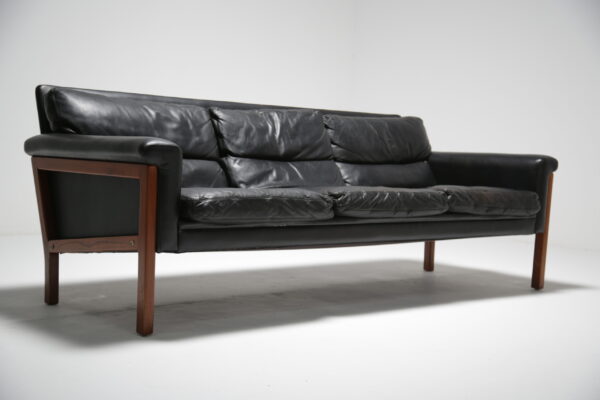Danish Black leather and teak sofa