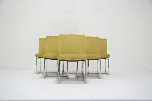 Milo Baughman for Thayer Coggin: Set of 6 Chrome & Lime Velvet Dining Chairs, USA, 1970s