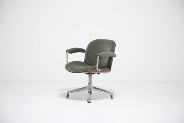 Ico Parisi Italian Executive Desk Chair, Figured Rosewood Sage Green Mohair Velvet for MIM, Italy, 1960s