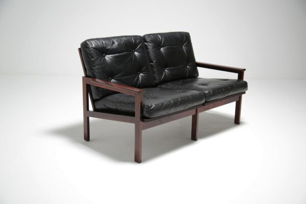 Vintage Rosewood and Black Leather 2 Seat Sofa “Capella” by Niels Eilersen, Denmark, 1968.