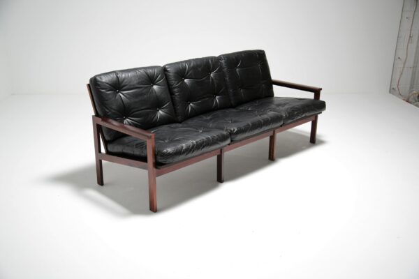 Vintage Rosewood and Black Leather 3 Seat Sofa "Capella" by Niels Eilersen, Denmark, 1968.