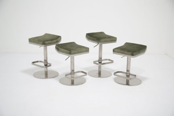 Set of Four Adjustable Brushed Steel and Upholstered Stools, Italy.