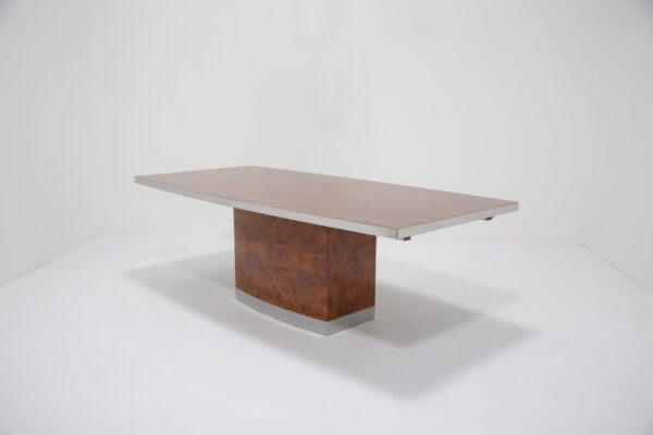 French Burl Wood and Chrome Dining Table by Jean Claude Mahey, 1970s.