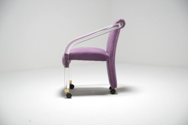 Charles Hollis Jones Armchair: 1970s Hollywood Regency Lucite & Purple Velvet Lounge Chair, USA