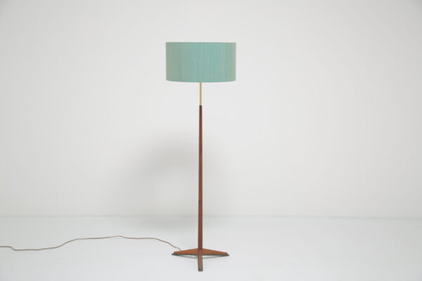 Mid-Century Modern Danish Teak and Brass Floor Lamp, Three-legged base, 1960s.