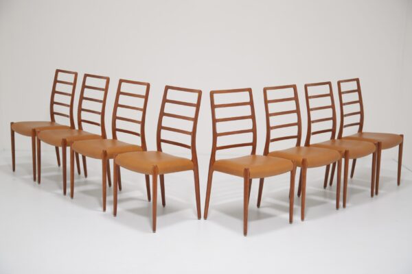 Niels Otto Møller Model 82 Dining Chairs: Set of 8 Architectural Dining Chairs in Teak & Tan Leather 1