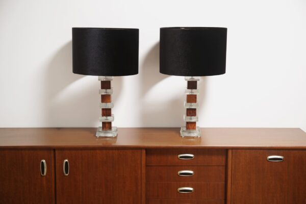 Ateljé Glas & Trä: Pair of Swedish Rosewood & Clear Glass Table Lamps, Sweden, 1960s