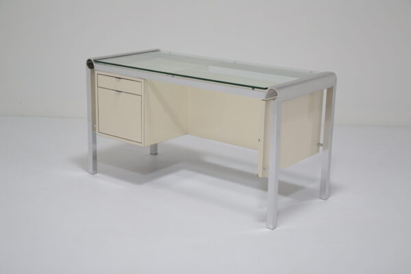 Pierre Cardin: Architectural Lacquer & Chrome Desk with Glass Top, 1970s