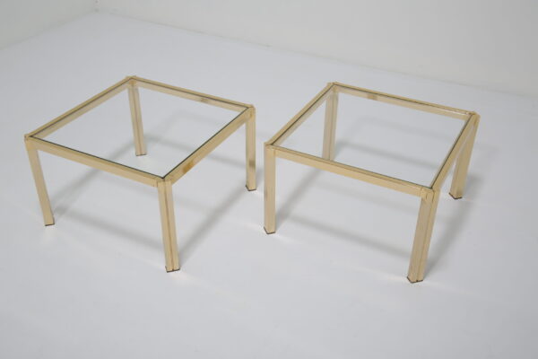 Italian Pair of Regency Modern Side Tables: Brass & Clear Glass, Italy, 1970s.
