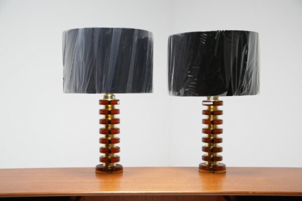 Vintage Pair of Amber Glass and Brass Table Lamps by MAE Lighting, Sweden, 1960s.