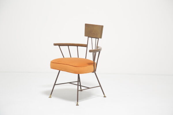 Richard McCarthy "Iron Age" Armchair: Ash & Wrought Iron in Orange Velvet for Selrite, 1950s.