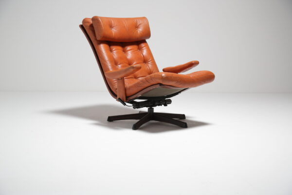 Tan Leather Reclining Swivel Armchair by Gote Mobler, Sweden, 1960s.
